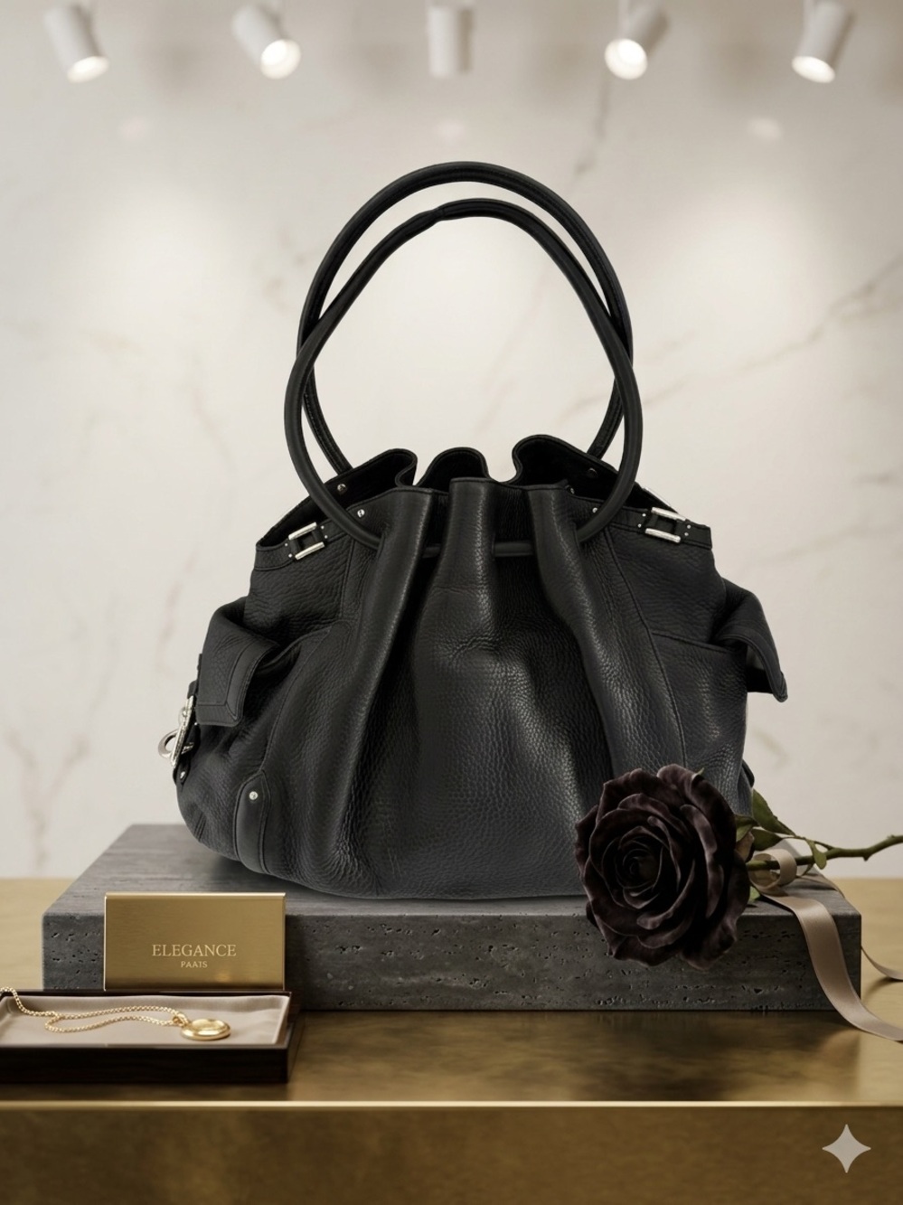 COLE HAAN || Black Leather Shoulder Tote with Double Top Handles.